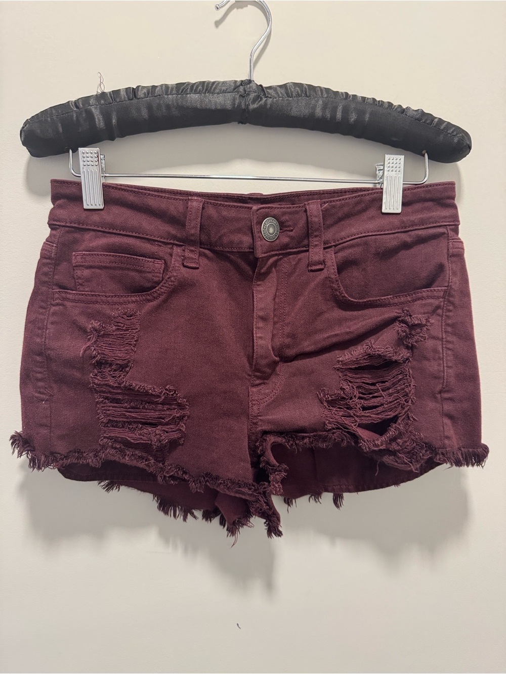 American Eagle Outfitters Distressed Maroon Denim Shorts